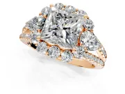 Halo Engagement Ring Setting for Princess Cut Center with Two-Strand Split Shank and Prong Head in Rose Gold