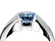 Tension Engagement Ring Setting for Fancy Blue Emerald Cut Center with Wide Tapered Band and Tension Head in White Gold