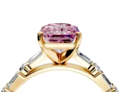 Baguette Engagement Ring Setting for Fancy Pink Radiant Cut Center with Alternating Bar-Set Band and Prong Head in Yellow Gold