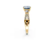 3 Stone Engagement Ring Setting for Fancy Blue Princess Cut Center with Pave Split Shank and Prong Head in Yellow Gold