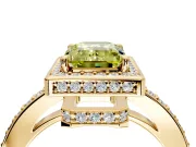 Halo Engagement Ring Setting for Fancy Yellow Emerald Cut Center with Metal-Rimmed Halo, Pave Band and Prong Head in Yellow Gold