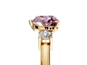 3 Stone Engagement Ring Setting for Fancy Pink Heart-Shaped Center with Wide Plain Band and Prong Head in Yellow Gold