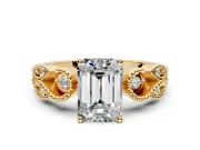Leaf Engagement Ring Setting for Emerald Cut Center with Milgrain Accent Band and Prong Head in Yellow Gold