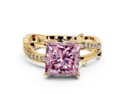 Solitaire Engagement Ring Setting for Fancy Pink Princess Cut Center with Pave and Plain Crossover Band and Prong Head in Yellow Gold