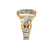 3 Stone Engagement Ring Setting for Emerald Cut Center with Crossover Basket, Pave Band and Prong Head in Yellow Gold