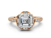 Floral Engagement Ring Setting for Asscher Cut Center with Four Accent Clusters and Prong Head in Rose Gold