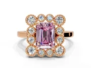 Cluster Halo Engagement Ring Setting for Fancy Pink Emerald Cut Center with Milgrain Bezel Accents and Prong Head in Rose Gold