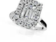 Single Halo Engagement Ring Setting for Emerald Cut Center with Corner Claws, Plain Band and Prong Head in White Gold