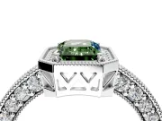 Milgrain Halo Engagement Ring Setting for Fancy Green Emerald Cut Center with Wide Pave Band and Prong Head in Platinum