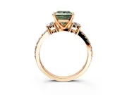 3 Stone Engagement Ring Setting for Fancy Green Princess Cut Center with Round Cut Side Accents and Prong Head in Rose Gold