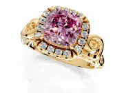 Halo Engagement Ring Setting for Fancy Pink Cushion Cut Center with Open Scroll Shoulders and Prong Head in Yellow Gold