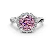Halo Engagement Ring Setting for Fancy Pink Round Cut Center with Twist Band and Prong Head in Sterling Silver