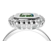 Halo Engagement Ring Setting for Fancy Green Emerald Cut Center with Milgrain Bezel Rim, Plain Band and Prong Head in White Gold