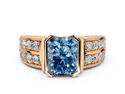 Bezel Engagement Ring Setting for Fancy Blue Radiant Cut Center with Wide Channel-Set Band and Bezel Head in Rose Gold