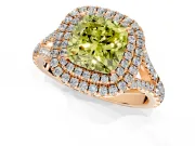 Double Halo Engagement Ring Setting for Fancy Yellow Cushion Cut Center with Narrow Pave Split Shank and Prong Head in Rose Gold