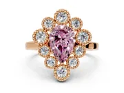 Cluster Halo Engagement Ring Setting for Fancy Pink Pear-Shaped Center with Milgrain Bezel Accents and Prong Head in Rose Gold