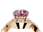 Halo Engagement Ring Setting for Fancy Pink Round Cut Center with Pave Infinity Twist Band and Prong Head in Rose Gold