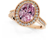 Halo Engagement Ring Setting for Fancy Pink Oval Center with Milgrain Pave Band and Bezel Head in Rose Gold