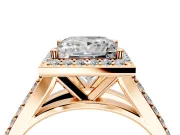 Halo Engagement Ring Setting for Princess Cut Center with Narrow Pave Split Shank and Prong Head in Rose Gold