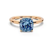 Low-Set Solitaire Engagement Ring Setting for Fancy Blue Cushion Cut Center with Thin Plain Band and Prong Head in Rose Gold