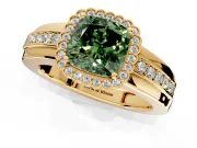 Halo Engagement Ring Setting for Fancy Green Cushion Cut Center with Wide Band, Inlaid Accent Row and Prong Head in Yellow Gold