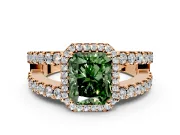 Halo Engagement Ring Setting for Fancy Green Radiant Cut Center with Wide-Open Pave Split Shank and Prong Head in Rose Gold