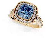 Halo Engagement Ring Setting for Fancy Blue Cushion Cut Center with Outer Bezel Rim, Pave Band and Prong Head in Yellow Gold