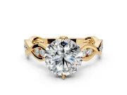 Solitaire Engagement Ring Setting for Round Cut Center with Accented Twist Band and Leaf Prong Head in Yellow Gold