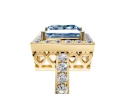 Halo Engagement Ring Setting for Fancy Blue Princess Cut Center with Heart-Shaped Openwork, Pave Band and Prong Head in Yellow Gold