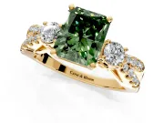 3 Stone Engagement Ring Setting for Fancy Green Radiant Cut Center with Pave Split Shank and Prong Head in Yellow Gold