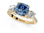 3 Stone Engagement Ring Setting for Fancy Blue Cushion Cut Center with Crossover Basket, Pave Band and Prong Head in Yellow Gold