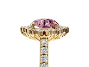 Sunburst Halo Engagement Ring Setting for Fancy Pink Round Cut Center with Pave Band and Prong Head in Yellow Gold