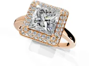 Halo Engagement Ring Setting for Princess Cut Center with Plain Tapered Band and Prong Head in Rose Gold