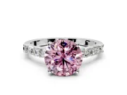 Baguette Engagement Ring Setting for Fancy Pink Round Cut Center with Alternating Bar-Set Band and Prong Head in White Gold
