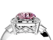 Halo Engagement Ring Setting for Fancy Pink Round Cut Center with Milgrain Rim, Pave Band and Prong Head in Platinum