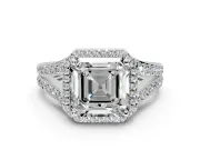 Halo Engagement Ring Setting for Asscher Cut Center with Narrow Pave Split Shank and Prong Head in Sterling Silver