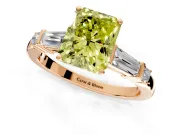 Bar-Set Engagement Ring Setting for Fancy Yellow Radiant Cut Center with Tapered Baguette Accents and Prong Head in Rose Gold