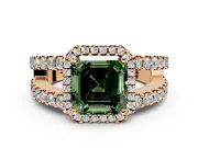 Halo Engagement Ring Setting for Fancy Green Asscher Cut Center with Wide-Open Pave Split Shank and Prong Head in Rose Gold