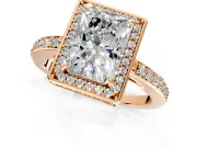 Halo Engagement Ring Setting for Radiant Cut Center with Metal-Rimmed Halo, Pave Band and Prong Head in Rose Gold