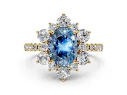 Floral Halo Engagement Ring Setting for Fancy Blue Oval Center with Pave Accents and Prong Head in Yellow Gold