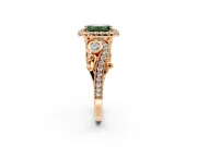 Milgrain Halo Engagement Ring Setting for Fancy Green Emerald Cut Center with Shoulder Bezels and Prong Head in Rose Gold