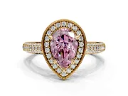 Milgrain Halo Engagement Ring Setting for Fancy Pink Pear-Shaped Center with Three-Sided Pave Band and Prong Head in Yellow Gold