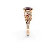Milgrain Halo Engagement Ring Setting for Fancy Pink Asscher Cut Center with Shoulder Bezels and Prong Head in Rose Gold