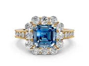 Halo Engagement Ring Setting for Fancy Blue Asscher Cut Center with Milgrain Channel Band and Prong Head in Yellow Gold
