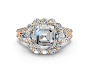 Halo Engagement Ring Setting for Asscher Cut Center with Two-Strand Split Shank and Prong Head in Rose Gold