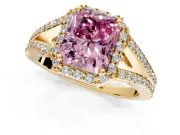 Halo Engagement Ring Setting for Fancy Pink Radiant Cut Center with Pave Split Shank and Prong Head in Yellow Gold
