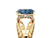 Halo Engagement Ring Setting for Fancy Blue Emerald Cut Center with Rope Twist Split Shank and Prong Head in Yellow Gold