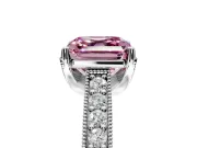 Solitaire Engagement Ring Setting for Fancy Pink Asscher Cut Center with Milgrain-Framed Pave Band and Prong Head in Platinum