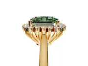 Starburst Halo Engagement Ring Setting for Fancy Green Radiant Cut Center with Thin Round-Wire Band and Prong Head in Yellow Gold