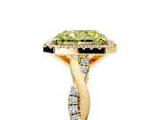 Halo Engagement Ring Setting for Fancy Yellow Radiant Cut Center with Pave and Plain Twist Band and Prong Head in Yellow Gold